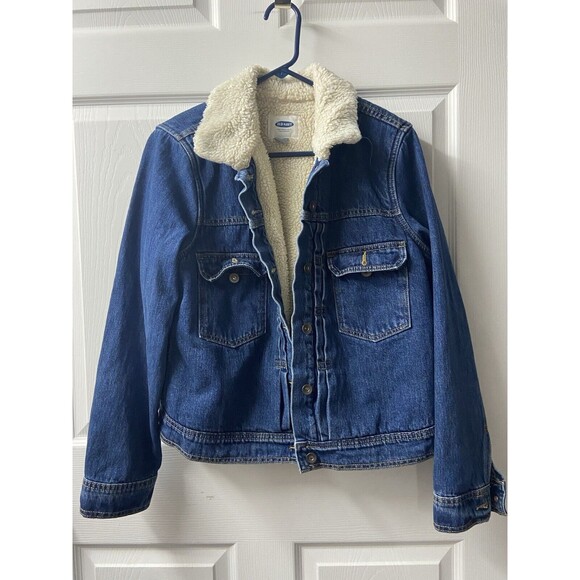 Old Navy Jean Jacket Womens Large Blue Denim Sherpa Collar and Lining Rustic - Picture 9 of 9